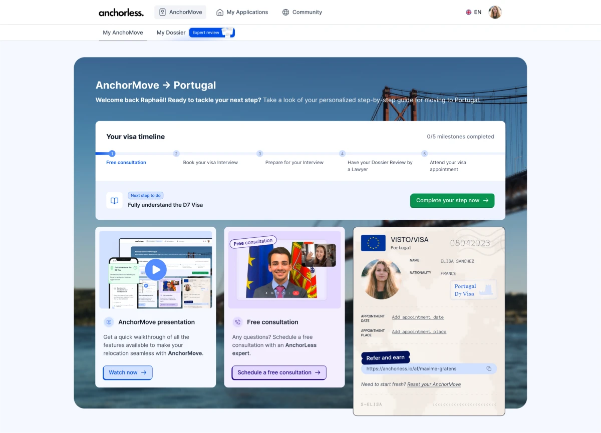 The AnchorMove relocation dashboard — your personalised visa timeline and tasks