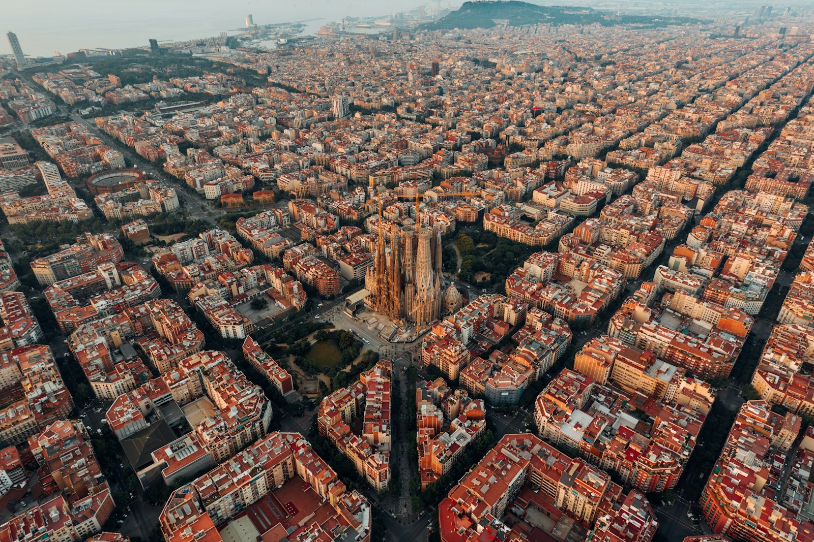 Aerial view of Barcelona’s Eixample district grid, Spain