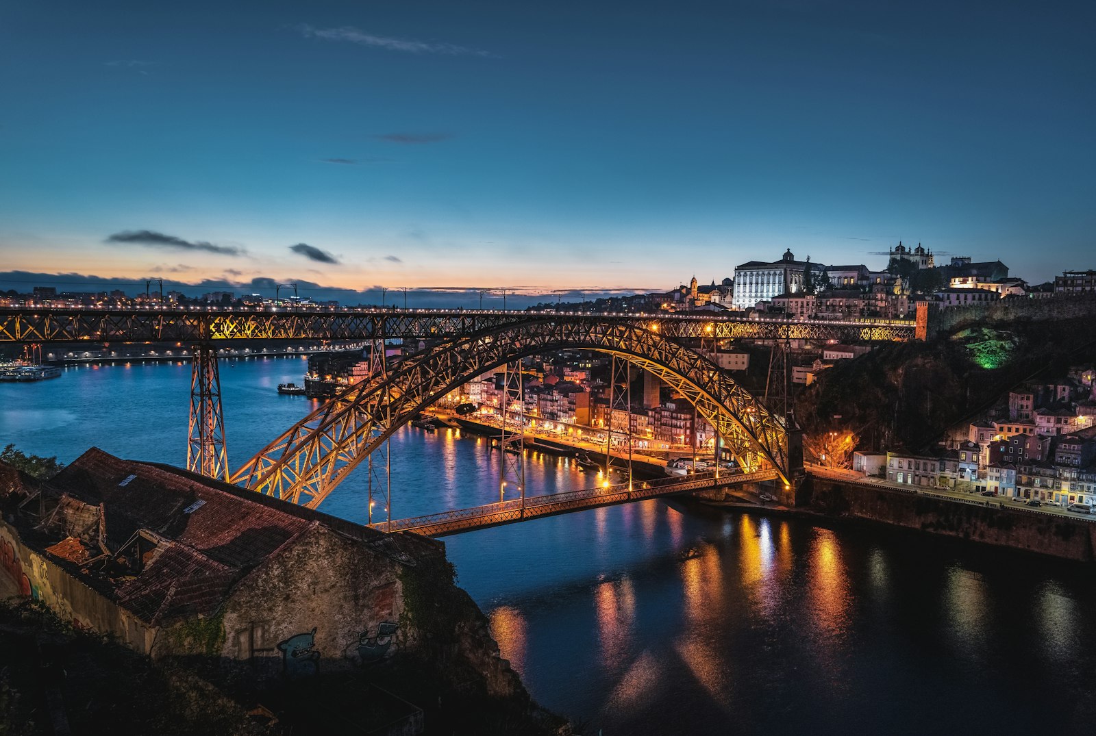 The Dom Luís I Bridge over the Douro river in Porto at dusk